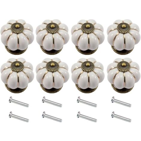 Lot de 8 boutons en céramique en forme de citrouille pour meubles, armoires, tiroirs (blanc) (1/4)