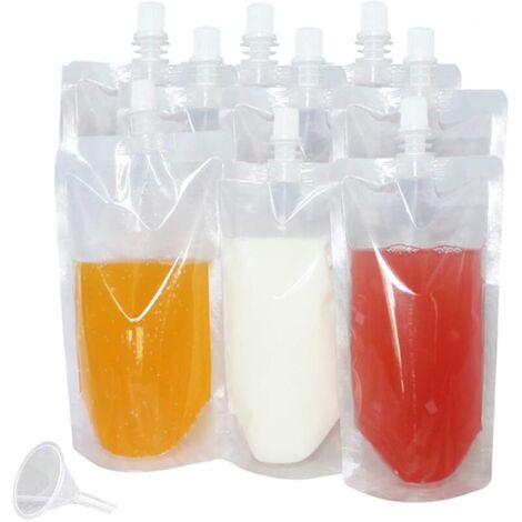 30 sachets de boissons, réutilisable récipients transparents pour sachets de smoothie, robustes et étanches à fermeture manuelle, pour bouteilles de jus congelé, entonnoir en plastique (350 ml)