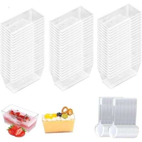 50 Pièces Coupe en Plastique, avec Cuillère, Desserts et Apéritifs Rectangulaires, Bol de Service Réutilisable pour Pudding Mousse Party (140ml) (1/5)