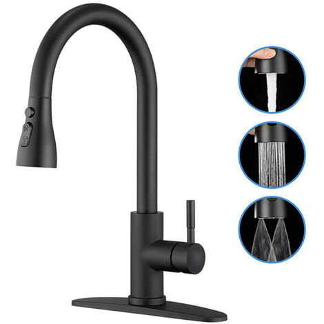 Robinet Cuisine Noir, Mitigeur Cuisine avec Douchette Extractible 3 Modes de Réglage, Robinetterie Evier Escamotable Haut Bec Pivotant à 360° en Acier Inoxydable 304 (1/5)