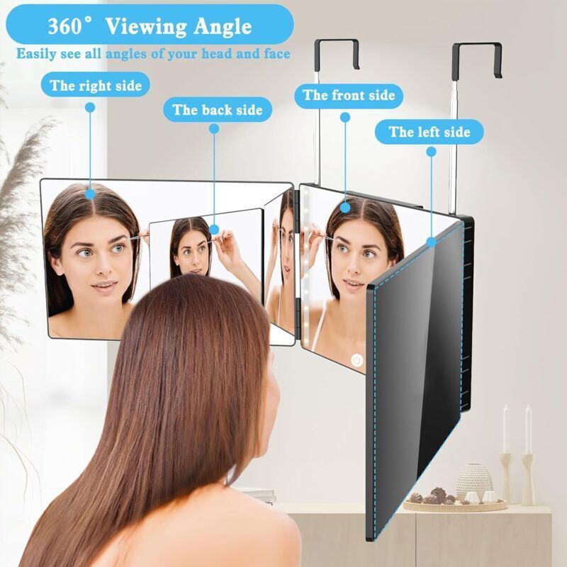 Miroir 360° Coiffure Homme Femme LED 3 Faces avec Crochets Portable