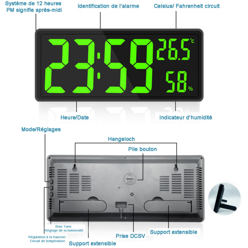 ThreeH Horloge de Bureau Numérique avec Affichage de la Date et de la