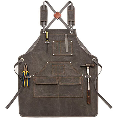 Tablier de travail en toile pour le travail du bois, tablier avec bretelles croisées et poches de rangement pour outils, idéal pour le jardinage, les charpentiers et les techniciens, gris foncé. (1/4)
