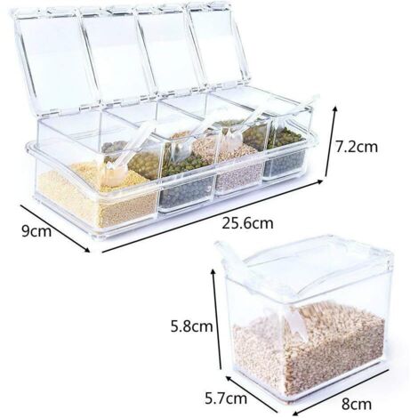 LELE LIFE Lot de 3 boîtes d'assaisonnement murales avec couvercle et cuillère - Autocollants transparents pour condiments - Pour épices, sucre, sel, poivre (blanc