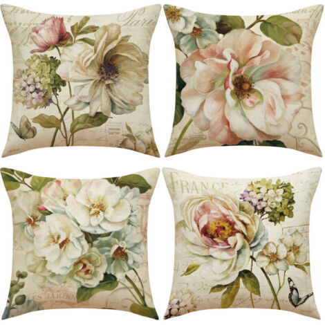 CCYKXAA Lot de 4 décoratives pour canapé Fleurs de Rose rétro Lavable Lin Textile revêtement extérieur taie d'oreiller taie d (1/4)
