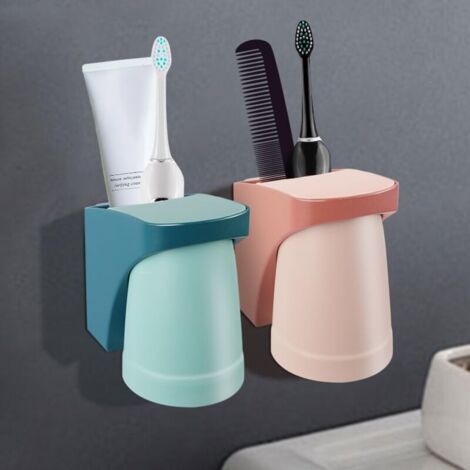 Lot de 2 Magnétique Support Brosse a Dent, Porte-gobelets à Dents sans perçage, pour Rangement et Organisation de la Salle de Bain la Famille (Bleu + Rouge) (1/4)