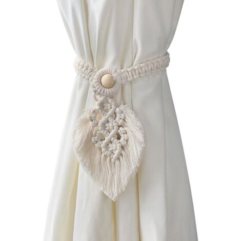 Lot de 2 supports de cravates de rideau bohème, fabriqués à la main, en corde de coton tissées à la main, blanc cassé (1/4)
