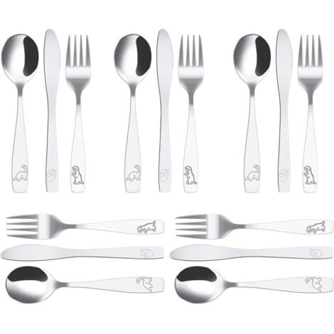 15Pcs Couverts Enfant INOX 5 x Fourchette 5 x Cuillère 5 x Couteau Dentelé Sûr Couverts Enfant INOX Jungle Dinosaure Gravé C