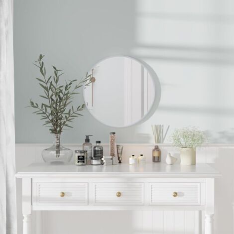 Miroir rond mural de salle de bain style cosy avec étagère - 45 cm - effet bois naturel