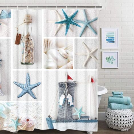 180 x 180 cm Rideau de douche en textile avec anneaux , motif étoile de mer, baignoire - Impression numérique - Polyester - Anti (1/4)
