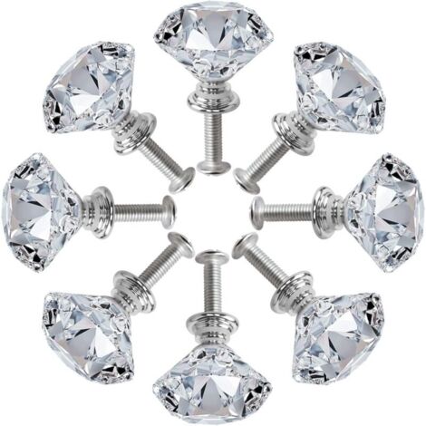 Lot de 8 boutons de porte d'armoire en cristal argenté, en alliage de zinc taillé au diamant avec boutons à vis pour placard (1/4)