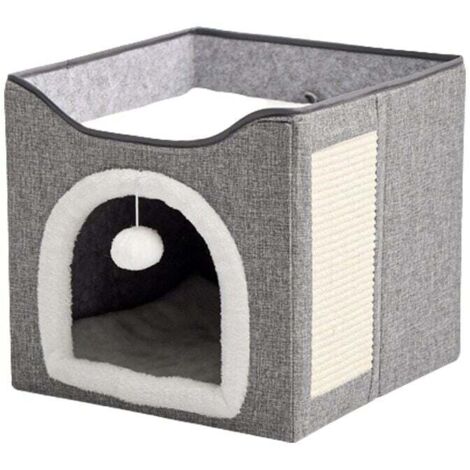 Niche pour chat double couche, pliable, douce et moelleuse, respirante, légère, matériau MDF/velours/lin, gris foncé/blan (1/4)