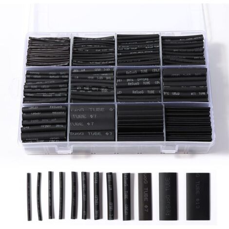 Lot de 900 gaines thermorétractables noires pour isolation électrique, 12 tailles, rapport de rétrécissement 2:1 (1/4)