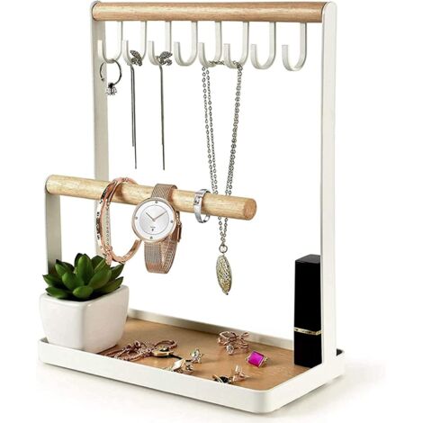 Porte-bijoux en bois naturel 22x10x26 cm – 8 crochets pour colliers et bracelets – Plateau de rangement pour montres et accessoires – Einemgeld