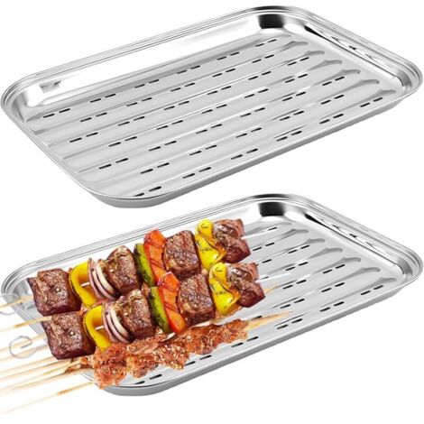 Lot de 2 Grilles Barbecue en Acier Inox (34,9 x 24,5 x 2,7 cm), réutilisables pour barbecue à gaz, paniers à légumes, poissons et viandes (1/4)