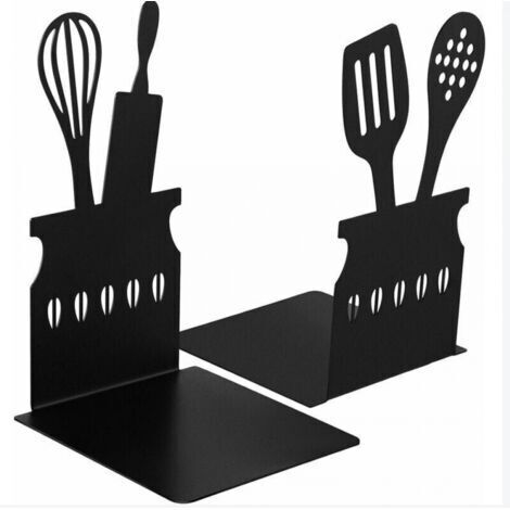 Serre-livres de cuisine noir Cuillère Livre de cuisine décoratif Serre-livres en métal avec tapis antidérapant Stockage de livres de cuisine en métal Bouchons de livres Support de livre de cuisine en (1/5)