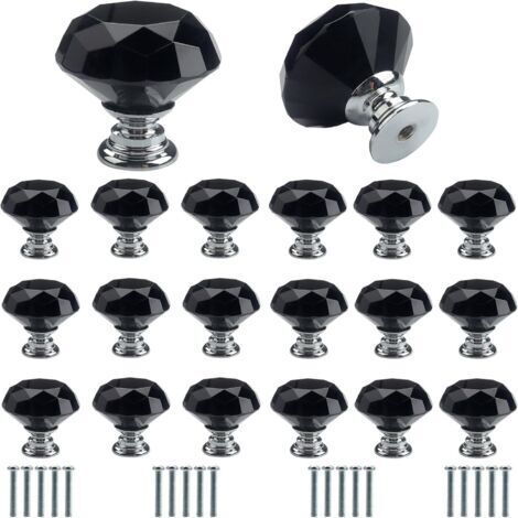 Lot de 20 poignées de porte en verre cristal noir avec vis 30 mm Poignée de porte haut de gamme légère de luxe Poignée de tiroir Trou unique Décoration d'intérieur (1/5)