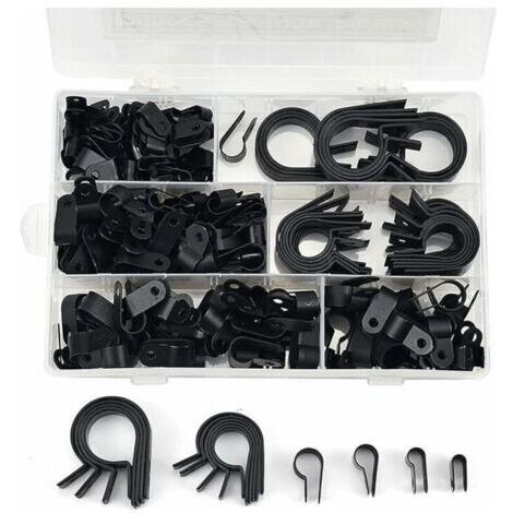 200 Pièces serre-câbles en nylon-R, P Clips Colliers de Fixation de Tubes en Plastique Nylon, Attaches pour conduits, câbles, gaines et gaines Ø 5.3/6.4/10.4/13.2/19/23mm (noir). (1/5)