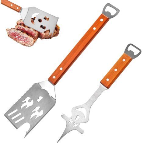 8 en 1 Ustensiles Barbecue Set, Spatule pour Barbecue de 42 cm et Fourchette de 33 cm, Manche en Acier Inoxydable et en Bois avec Décapsuleur, pour la Maison, Le Camping et Les Pique-Niques (1/5)