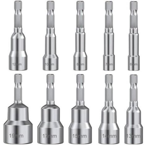 Lot de 10 douilles hexagonales magnétiques 6/7/8/10/12/13/14/15/17/19, adaptateur de douille pour perceuse ou tournevis (1/5)