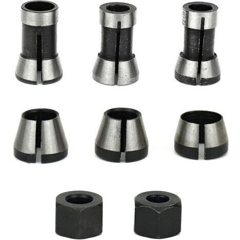 6Pcs Mandrin de Fraiseuse, 6 mm 6.35 mm 8 mm Collet Mandrin Affleureuse, Mandrin de Fraise à Bois, Pince de Serrage Defonceuse, Adaptateurs de Pince pour Machine à Graver +2 Écrous (1/5)