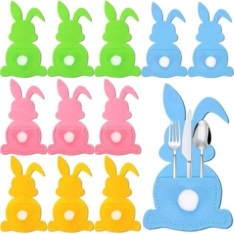 Sac à Couverts Lapin de Pâques, 12 Pièces Porte-Couverts de Pâques en Feutre, Porte Couverts en Feutre de Pâques pour Couteaux, Fourchettes et Cuillères, Décoration de Table de Pâques (1/5)
