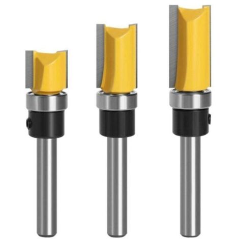3Pcs 1/4 pouce Tige Fraise à Affleurer, Fraise à araser Fraise à Copier Avec Roulement Supérieur, Outils de Fraisage de Menu