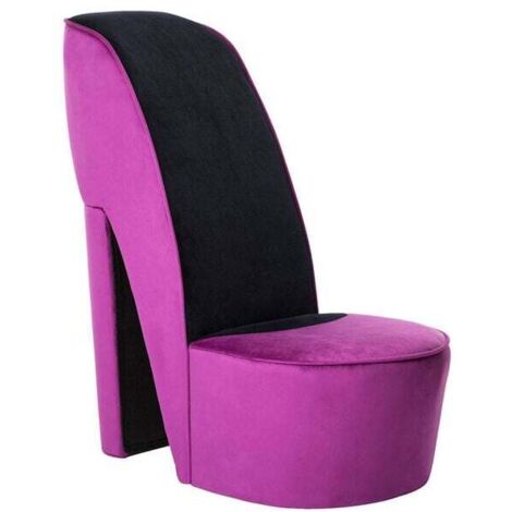 Chaise design en forme de chaussure à talon haut, revêtue de velours violet luxueux – Siège décoratif original pour salon ou chambre (1/5)