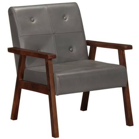 Fauteuil rembourré en cuir véritable gris – Siège ergonomique moderne pour salon ou bureau, dossier haut et assise confortable (1/5)