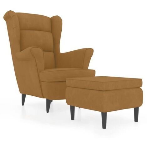 Chaise ergonomique avec dossier en forme d’aile et repose-pieds rembourré en velours brun – Siège de bureau design et confortable pour salon ou espace de travail
