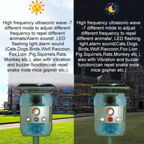 Dispositif solaire anti-oiseaux et répulsif ultrasonique haute puissance contre rats, chiens et animaux nuisibles – avec alarme vocale, voyant LED et protection IP65-lsw (1/4)