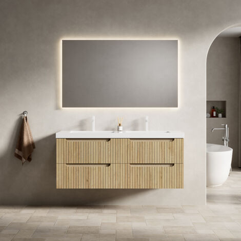 Lavabo mural de 120 cm, 2 vasques intégrées en pierre artificielle, lavabo à rayures. (1/5)