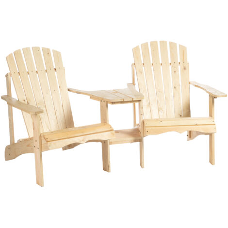 Un fauteuil Adirondack deux places avec table et ouverture pour pare-soleil, fabriqué en bois massif, idéal pour une utilisation sur un balcon. (1/4)