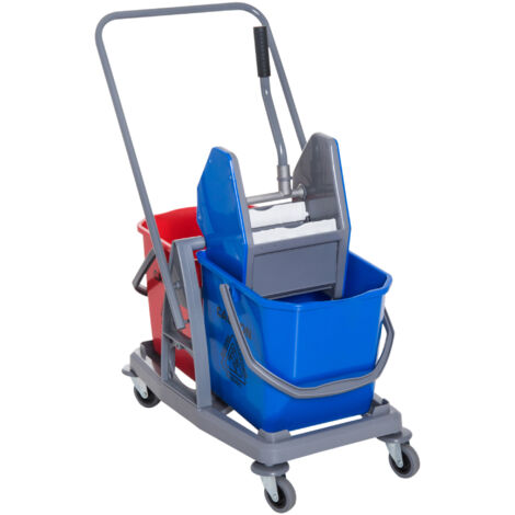 Chariot de nettoyage, équipé de 2 seaux et de 4 roues, en métal/PP, bleu/rouge, mesurant 73 x 45 x 92 cm, pour un nettoyage efficace. (1/5)