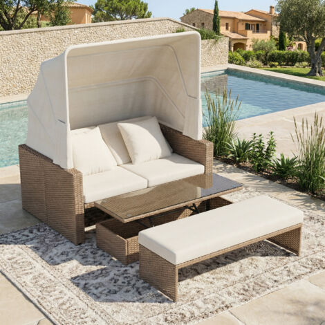 Ensemble de mobilier de jardin en vigne pour 2 à 4 personnes, table réglable et auvent amovible – Kaki (1/4)