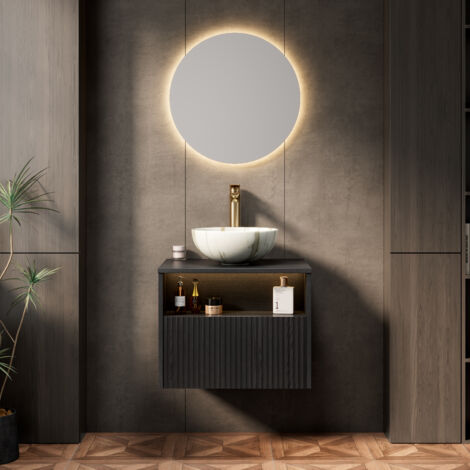 Meuble-lavabo mural de 60 cm, vasque en céramique blanche à motif pierre, meuble en contreplaqué rayé. (1/5)