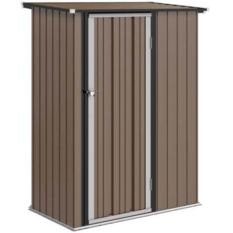 Un chalet de jardin en acier brun de 1,07 mètre carré avec un toit en pente et une porte verrouillable. (1/4)