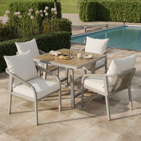 Ensemble table et chaises de jardin quatre personnes : table + chaise, acier galvanisé et composite bois-plastique, kaki/beige. (1/4)
