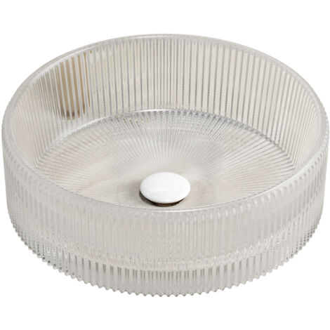 Un lavabo rond en verre cristal de 36 cm, sans robinet et transparent. (1/5)