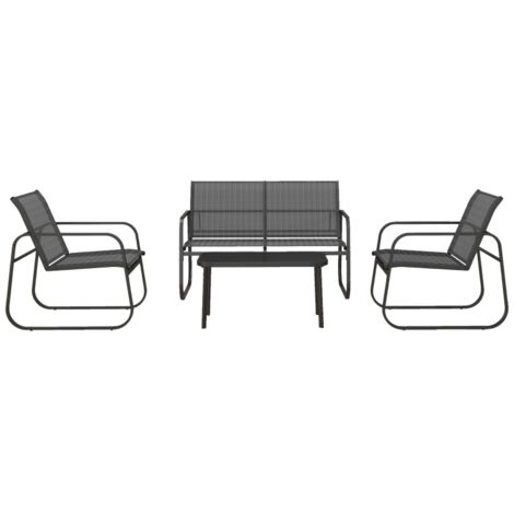 Ensemble de mobilier de jardin quatre pièces : canapé, deux chaises et table basse en maille noire. (1/4)