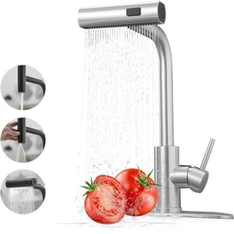 Robinet de Cuisine Cascade, Rotatif à 360° Mitigeur Cuisine avec Douchette, à Haute Pression avec Levier Unique et 3 Modes de Pulvérisation, Acier Inoxydable (1/5)