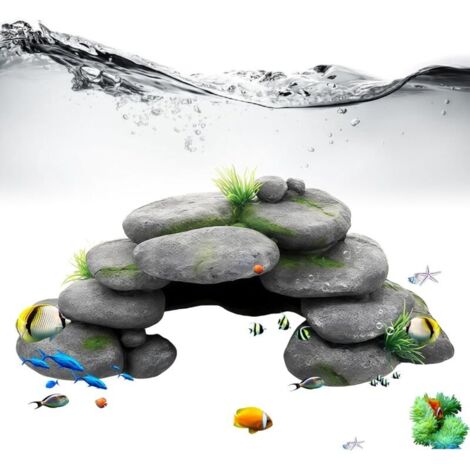 Grotte d'aquarium : grotte décorative d'aquarium avec herbe verte, grotte rocheuse Rock Cave Décoration Pierres, tortues Accessoires pour reptiles, cachette en résine haute montagne, pour