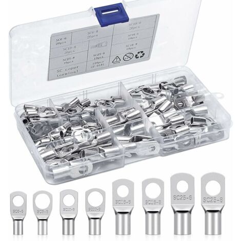 Kit de 120 cosses à sertir en cuivre étamé – Câbles 6-25 mm² – Bornes SC pour automobile et moto – Excellente conductivité électrique - 120Pcs (1/5)