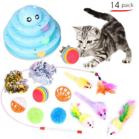 Jouets pour chats, jouets interactifs pour chats, rouleau de piste à trois couches avec trois balles colorées, matériau PP, plus durable, plus fort, bleu ciel