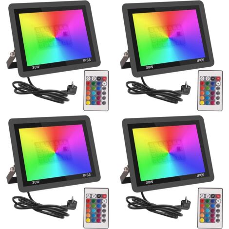 RGB Projecteur LED Extérieur 30W,Spot LED Couleur avec Télécommande,16 Couleurs 4 Modes Dimmable Éclairage Extérieur Murale,Étanche IP66 Luminaire Jardin pour Cour,Terrasse,Noël,Fêtes DJ-4pcs [Classe (1/5)