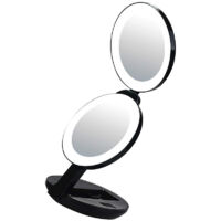 Specchio da trucco portatile pieghevole a tre pannelli, specchio di bellezza bifacciale, piccolo specchio LED con luce di riempimento (nero, diametro 11,43 x 2,9 cm)