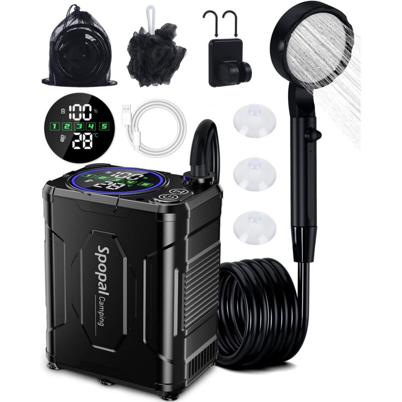 Douche De Camping Portable Spopal – 5000mAh, IPX8, 3 Pressions, Écran LED, Type-C, Pour Animaux Et Plage