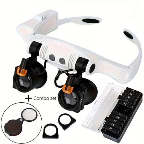 Microscope de casque à LED et mini loupe pliante, équipé d'objectifs 3x-10x - distance de travail 2-16 cm - idéal pour les artisans réparant montres, bijoux et pièces de monnaie. Piles non incluses.
