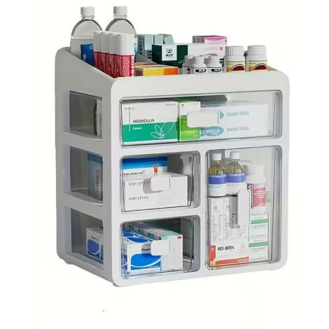 Organisateur de Médicaments Blanc à 3 Compartiments avec Tiroirs en Transparent - Rangement Spacieux pour Maison, Bureau ou Usage Médical - Design Durable en Plastique, Vitamines & Fournitures (1/4)