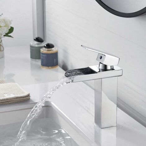 Robinet Salle Bain Cascade Chromé Mitigeur Lavabo en Laiton Moderne Carré Robinet Lavabo Bec Large Mitigeur Salle de Bain Robinet Lave Main Argent, eau Froide et Chaude,G3/8 (1/4)